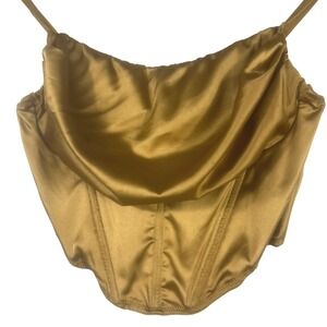 Urban Outfitters Women's Satin Corset Top Size M Gold Mustard Cowl Neck Zip Back